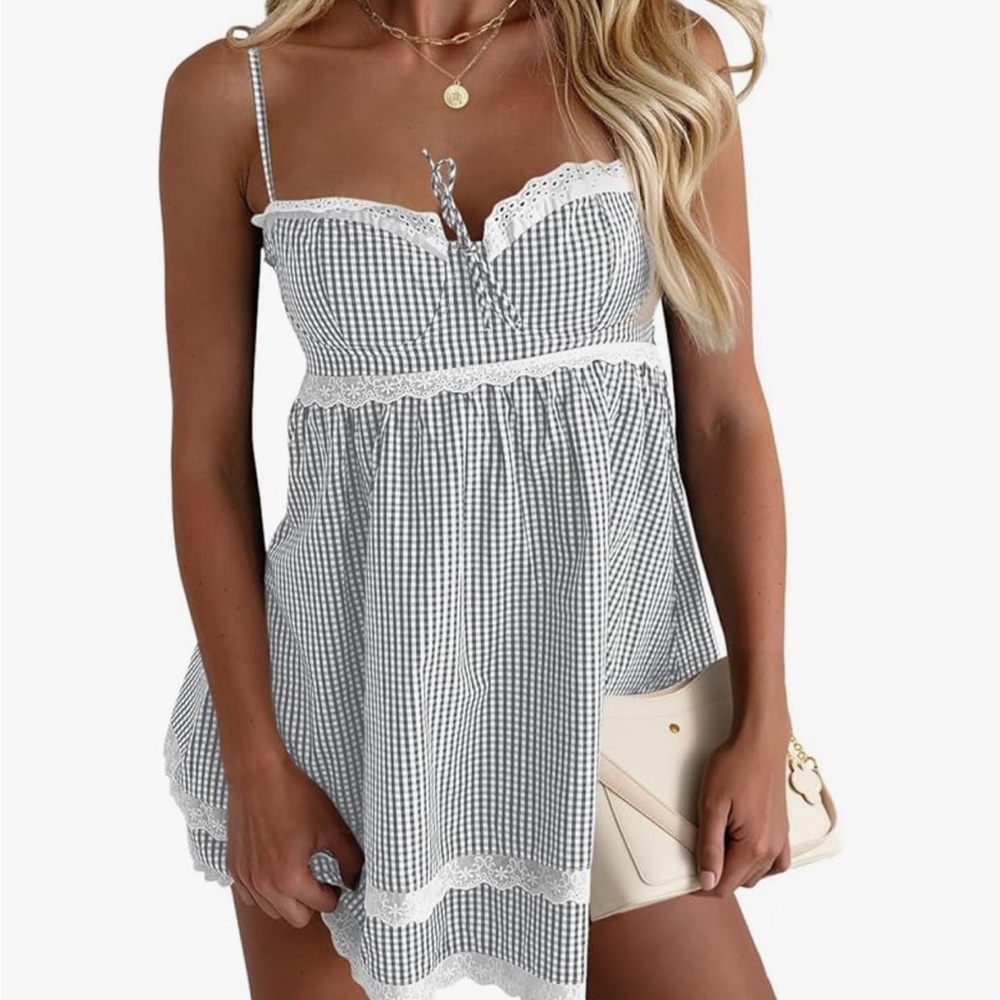 Gray and White Gingham Dress with Lace Trim